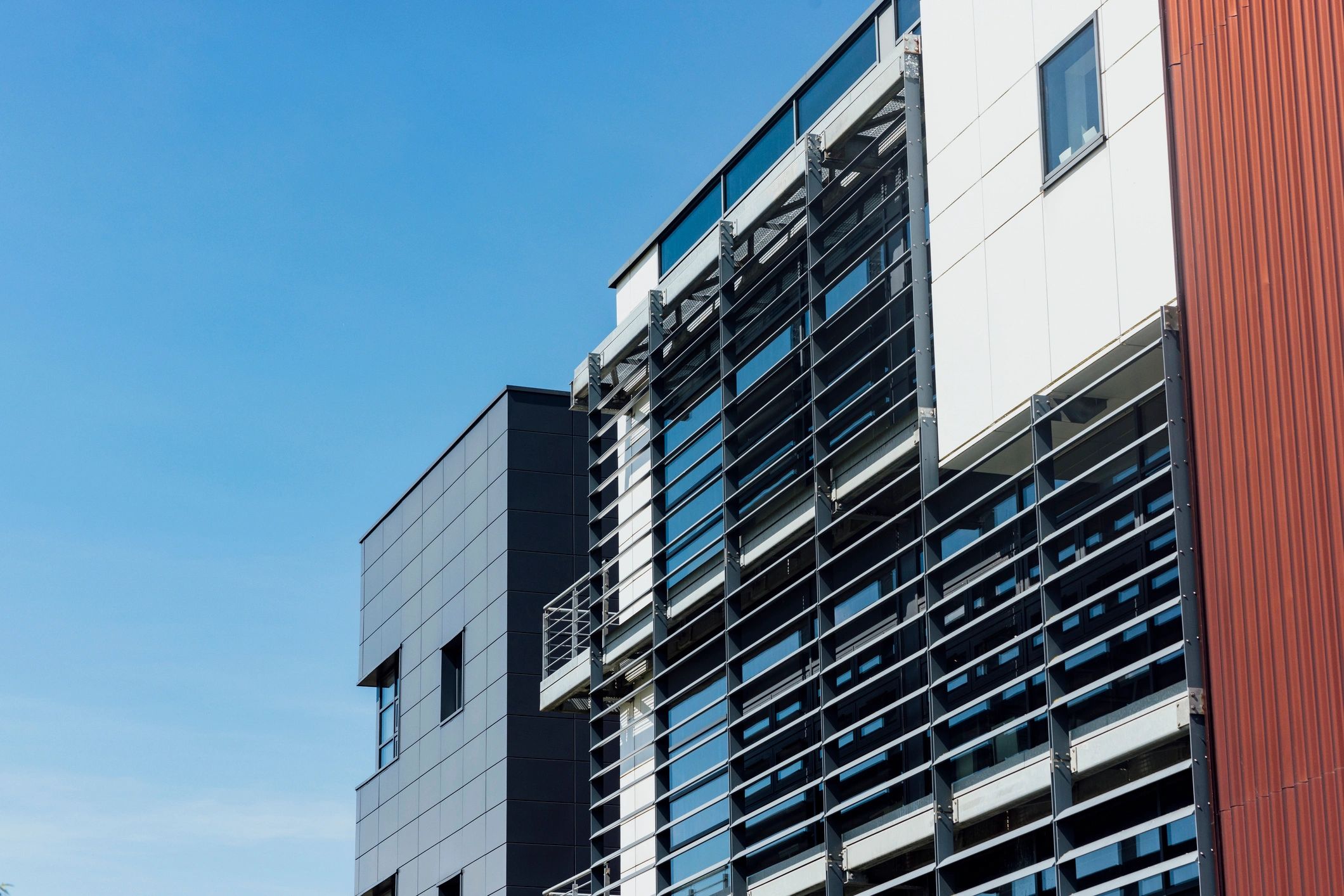 Modern building exterior with metal cladding panels