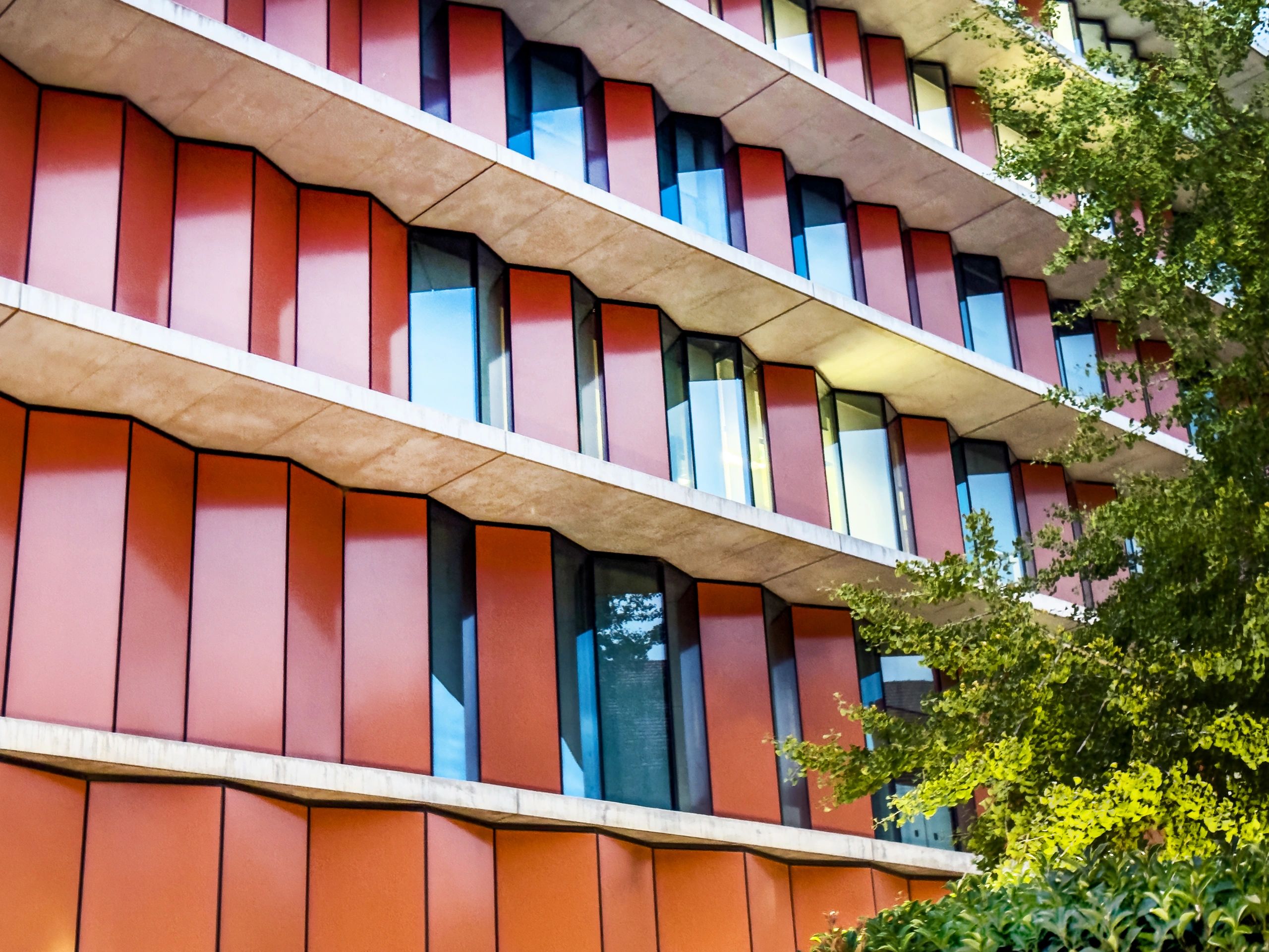Angled glass and metal facade with layered architecture